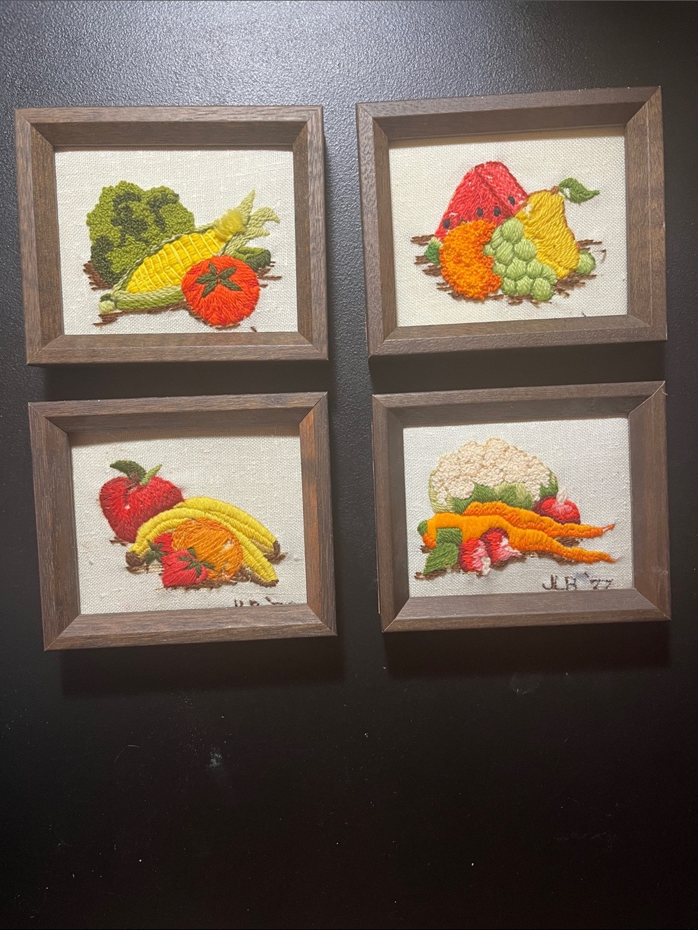 Handmade VTG Crewel Embroidered Fruit & Vegetable Wall Art Set of 4 Wood Frame